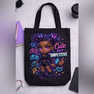 Cute But Competitive Neon Gamer Tote - Black with Purple Accents